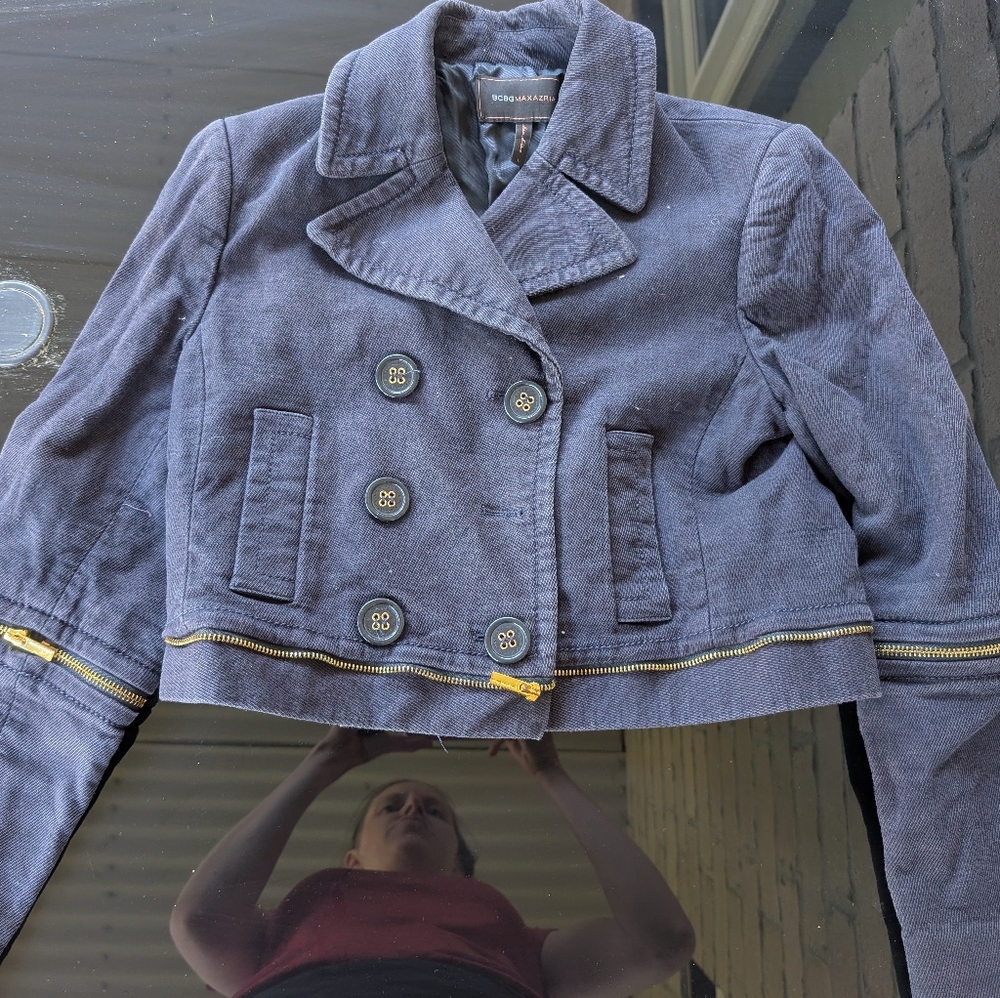 BCBGMAXAZRIA Double-Breasted Denim Jacket With Gold Zippers And Pockets